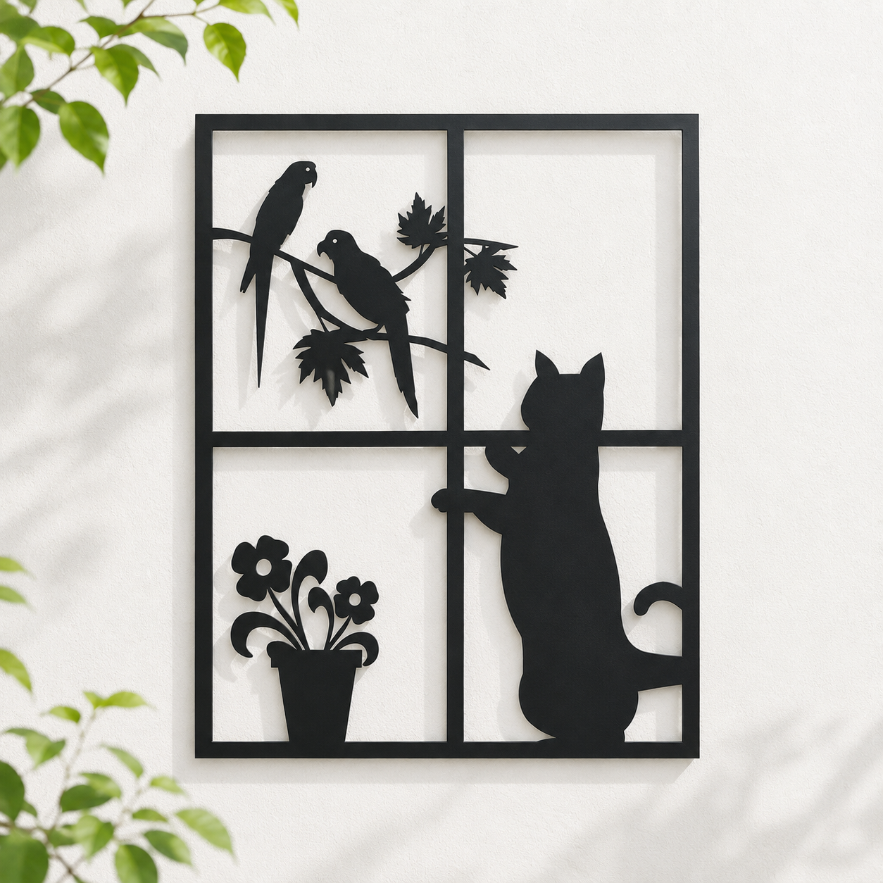 Curious Cat And Birds Window Metal Wall Art - view 4