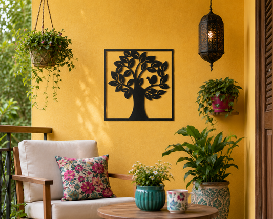 Leafy Tree And Songbird Square Metal Wall Art - view 2