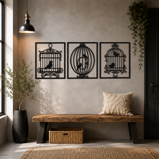 Vintage Birdcage Triptych Metal Wall Art - view 2