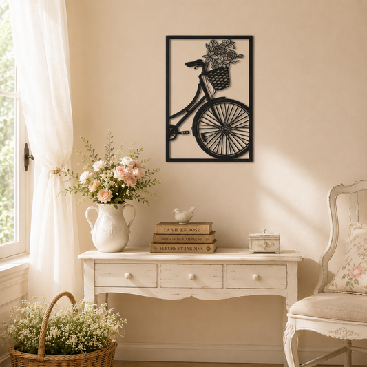 Vintage Bicycle With Flower Basket Metal Wall Art - view 2