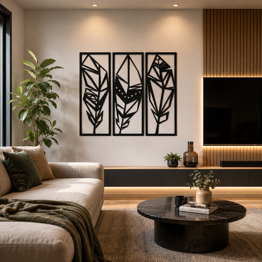 Geometric Feather Trio Panels Metal Wall Art - view 2
