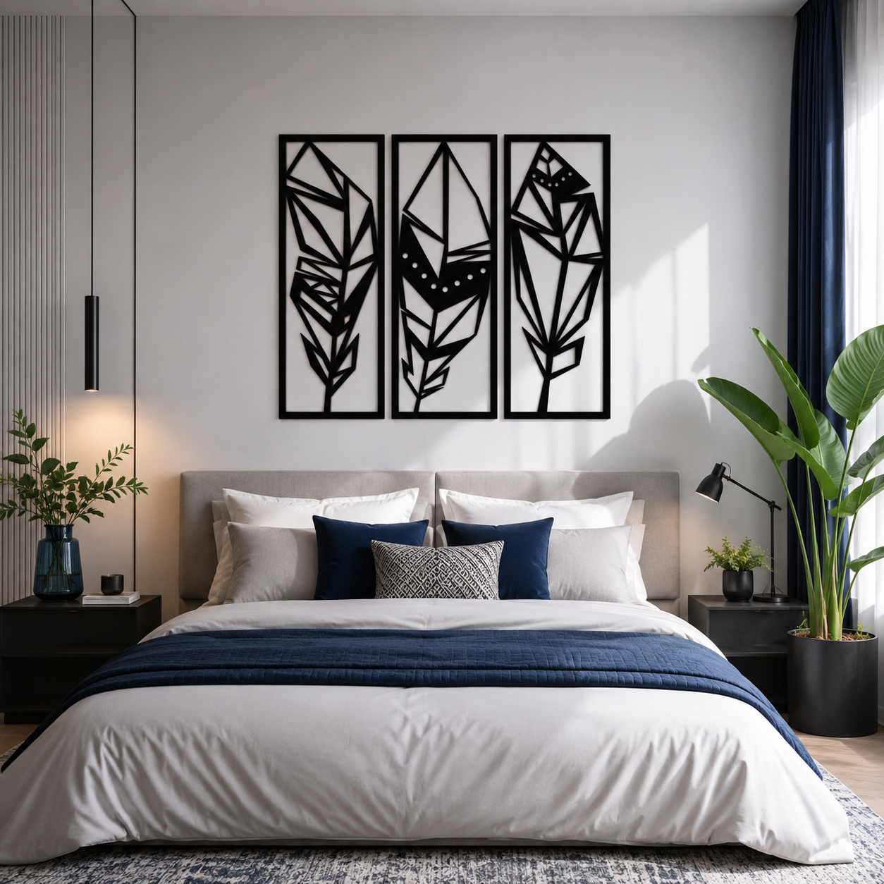 Geometric Feather Trio Panels Metal Wall Art - view 3