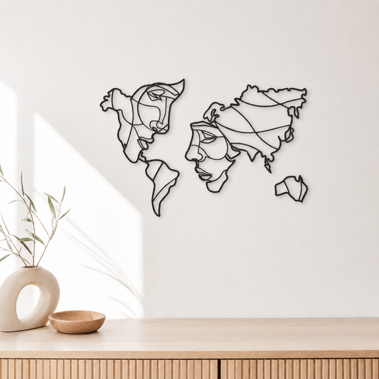 World Map Face Silhouette Line Art Metal Wall Art - view 2
