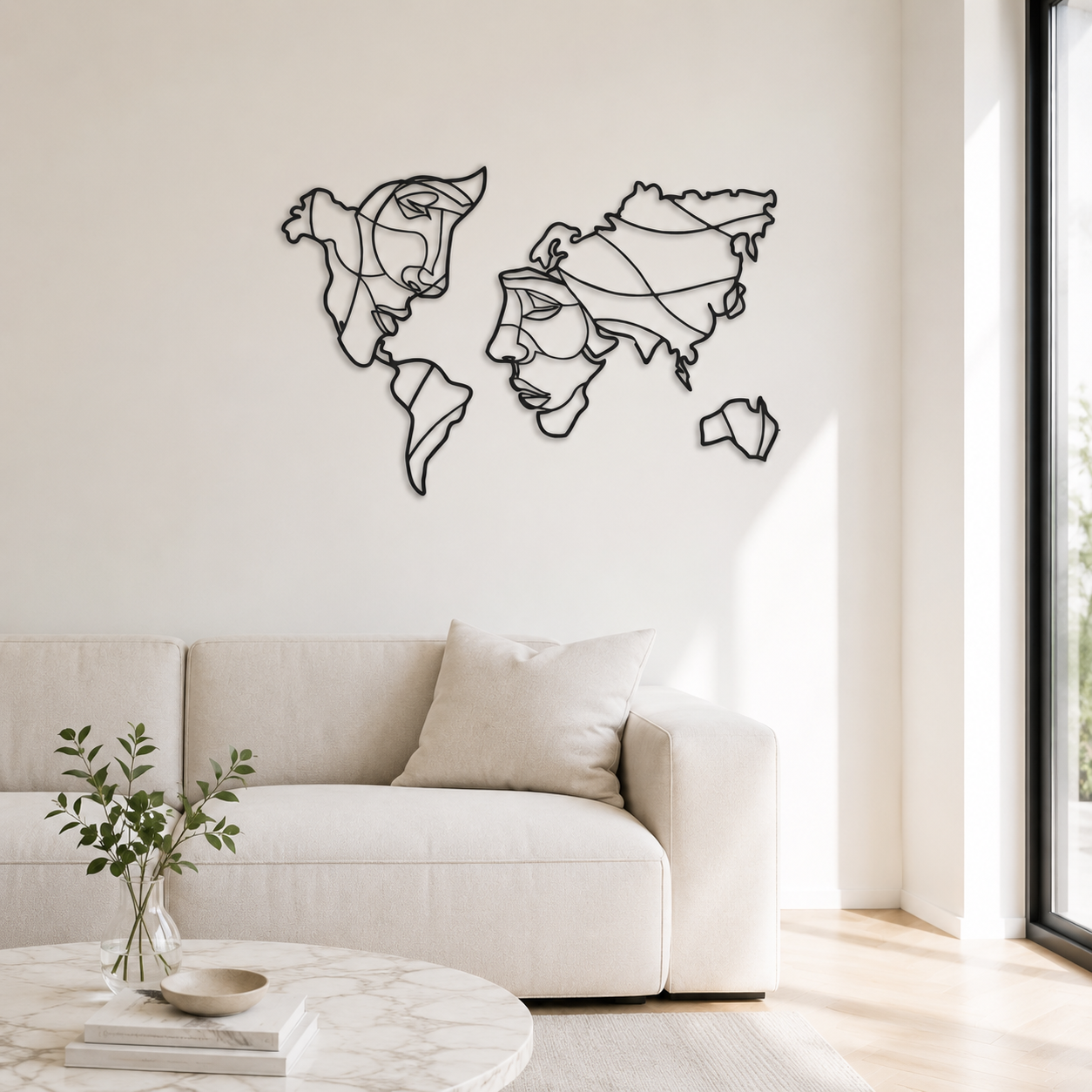 World Map Face Silhouette Line Art Metal Wall Art - view 3