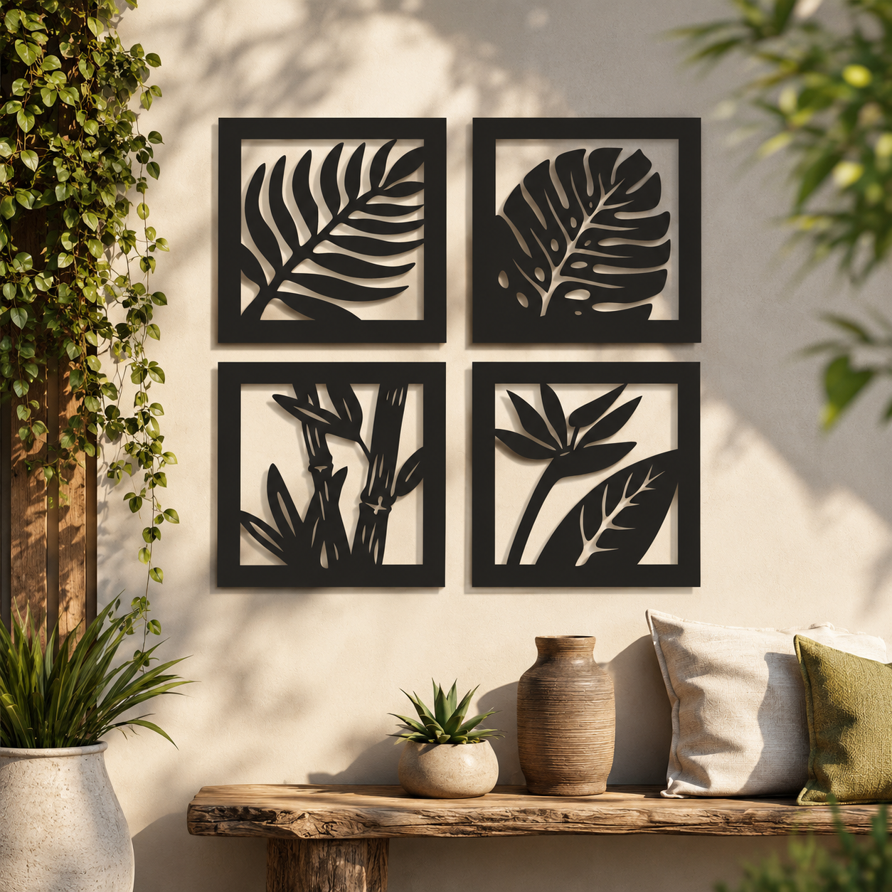 Botanical Leaf Grid Metal Wall Art