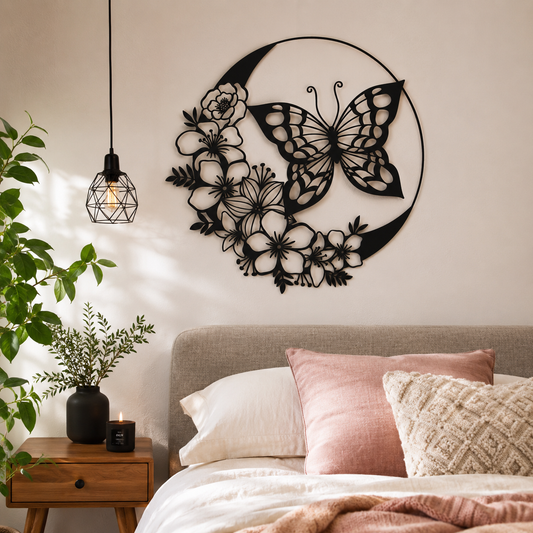Butterfly Floral Moon Metal Wall Art