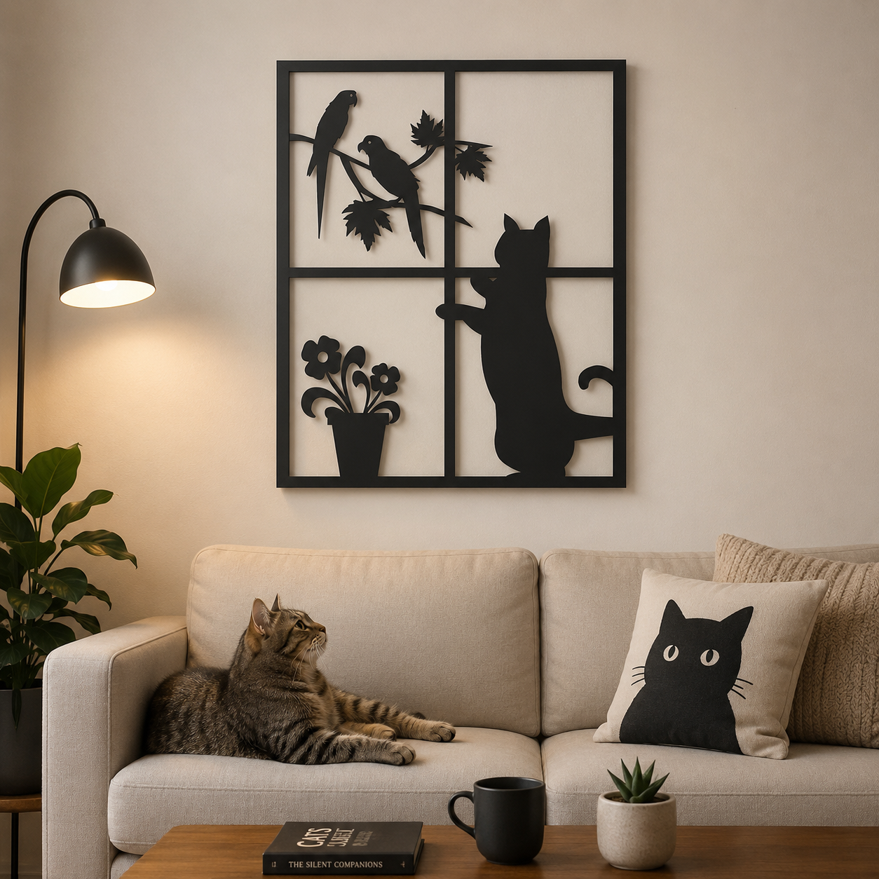 Curious Cat And Birds Window Metal Wall Art