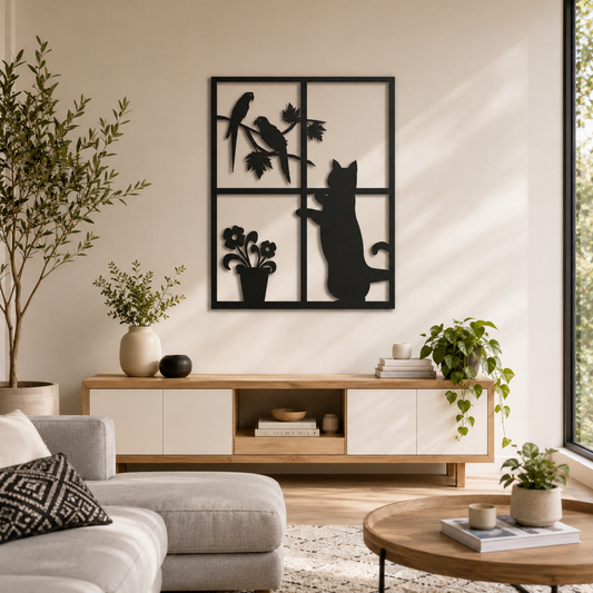 Curious Cat And Birds Window Metal Wall Art - view 2