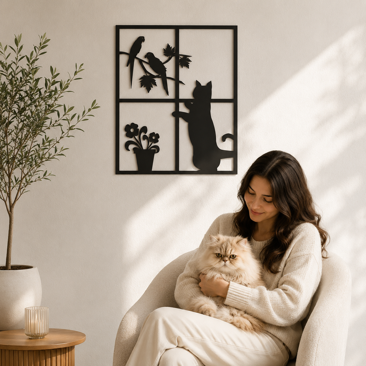 Curious Cat And Birds Window Metal Wall Art - view 3