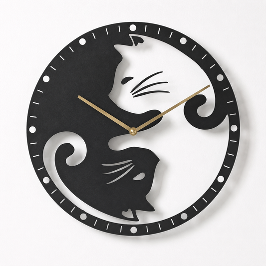 Laser Cut Yin Yang Cats Metal Wall Clock