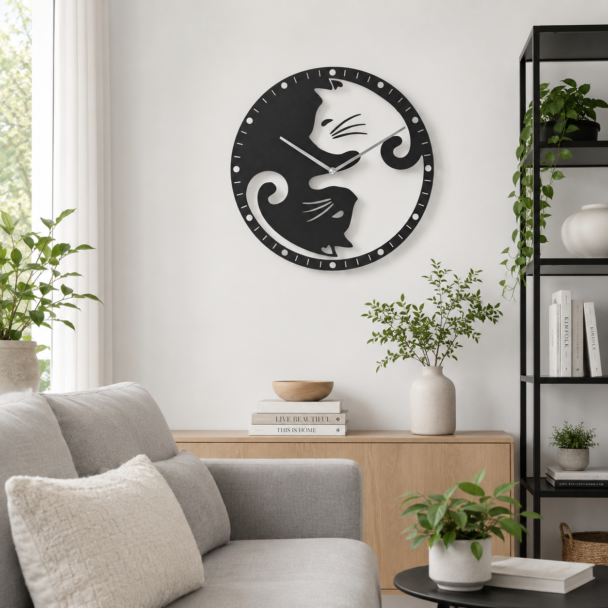 Laser Cut Yin Yang Cats Metal Wall Clock - view 2
