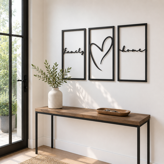 Family Home Heart Script Triptych Metal Wall Art