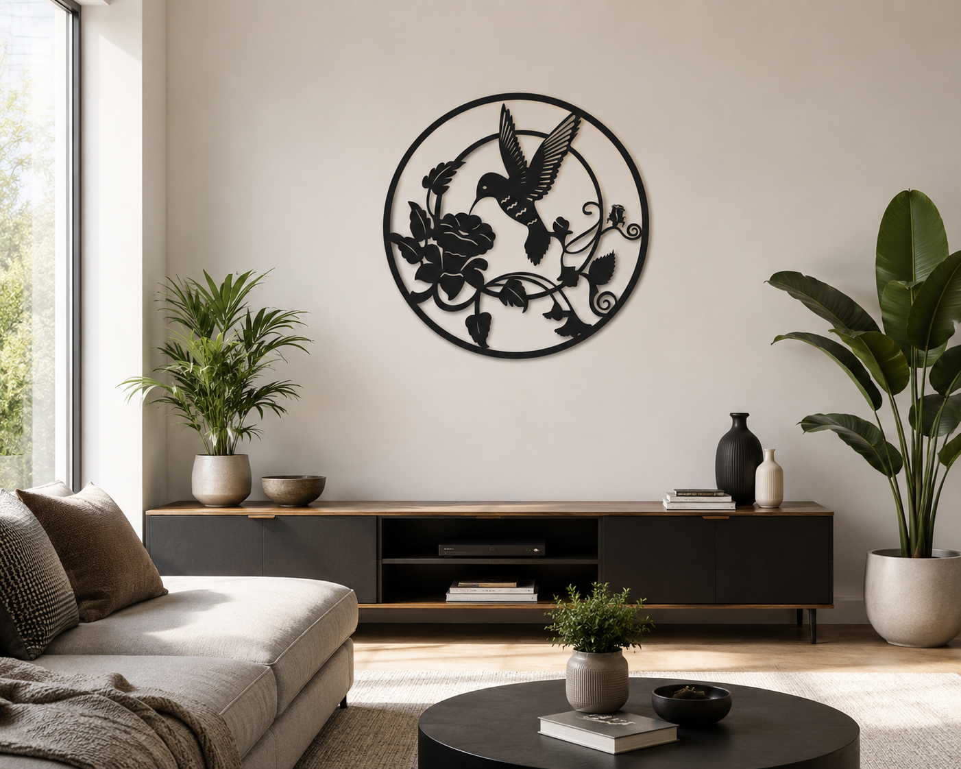 Hummingbird And Rose Round Metal Wall Art