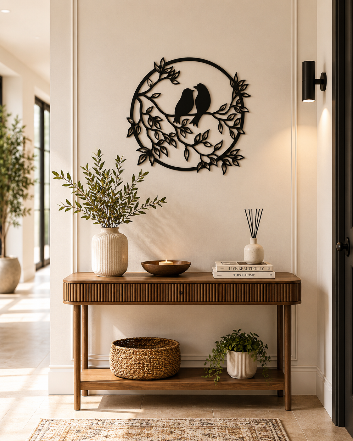 Love Birds On Branch Round Metal Wall Art