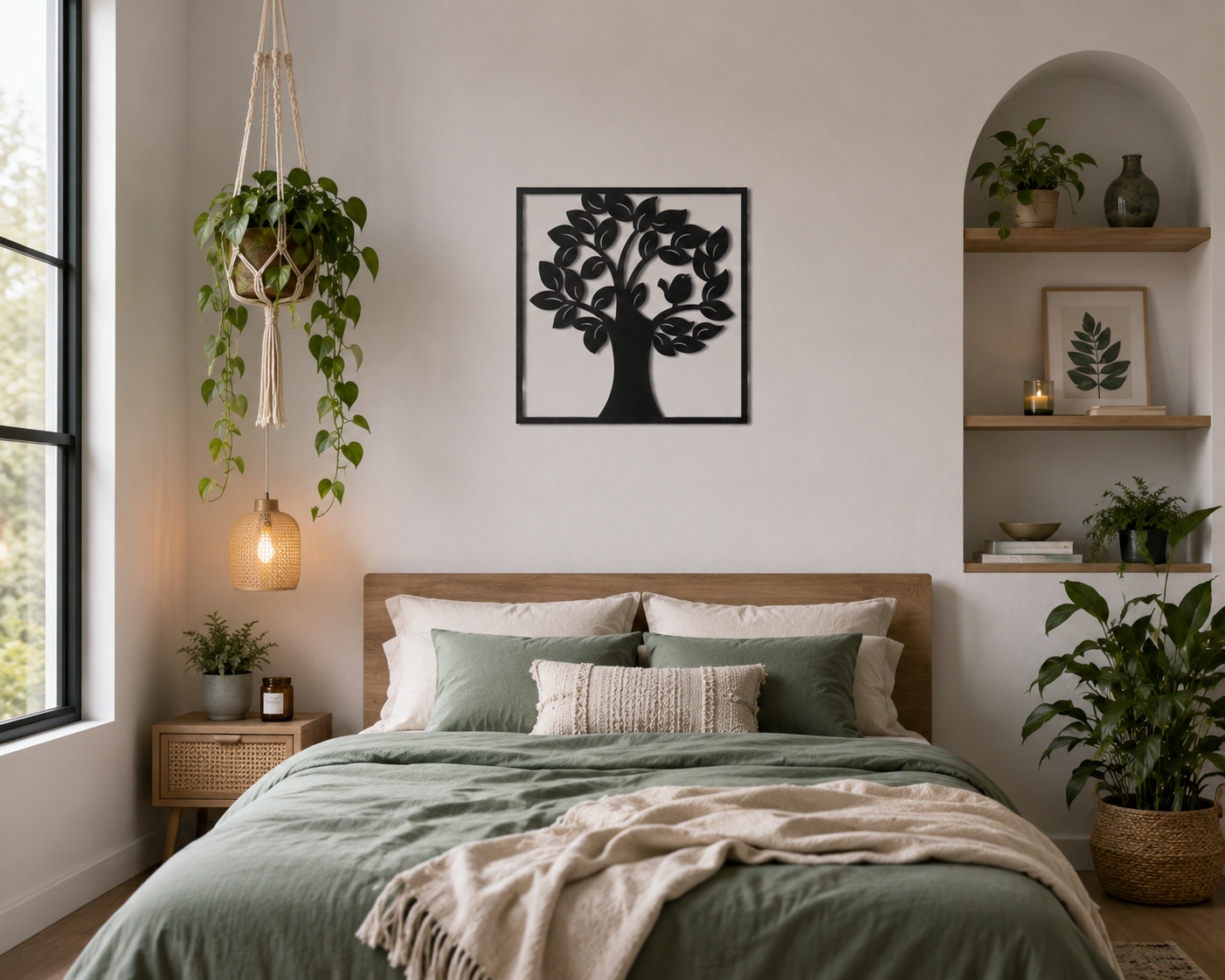 Leafy Tree And Songbird Square Metal Wall Art