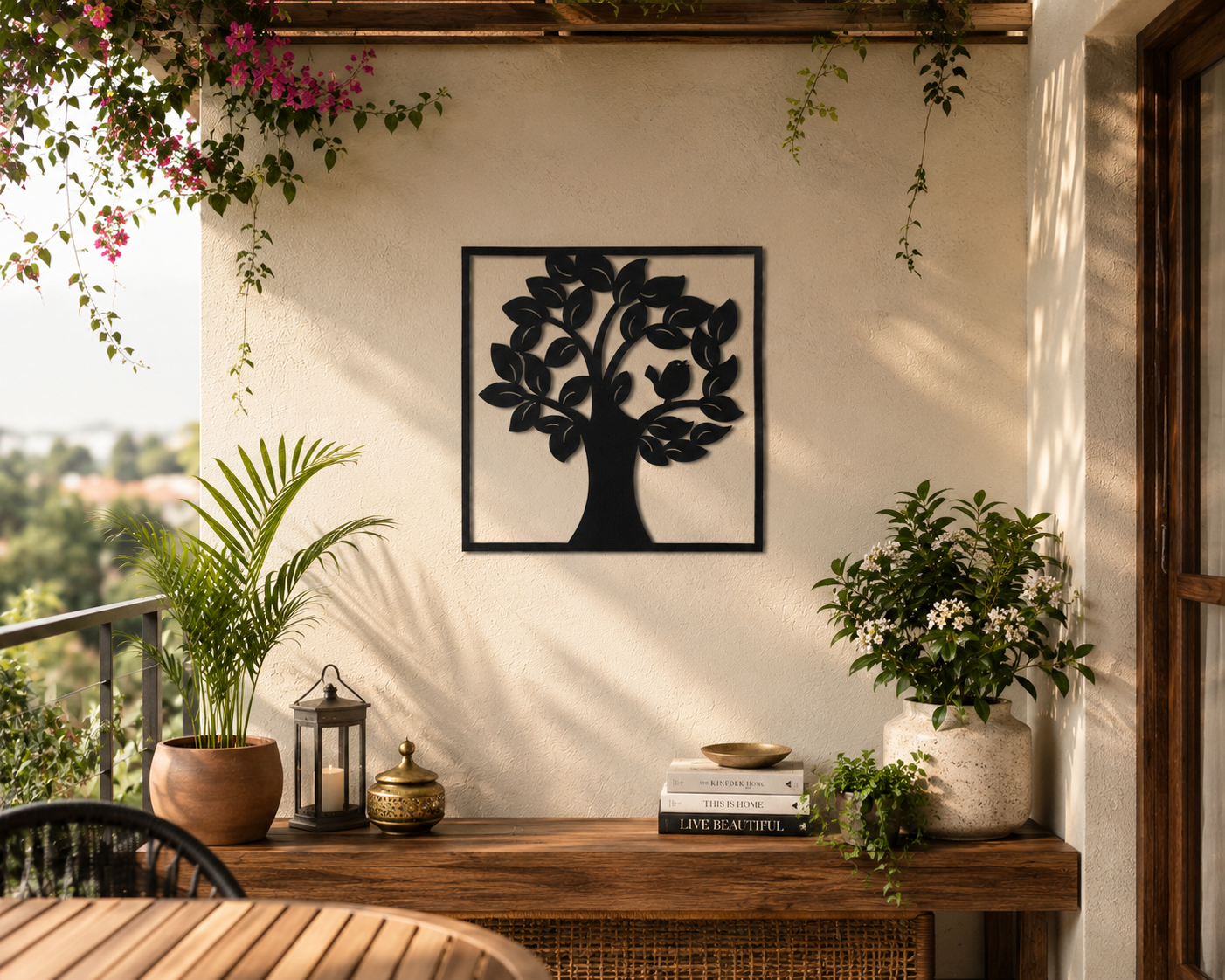 Leafy Tree And Songbird Square Metal Wall Art - view 3