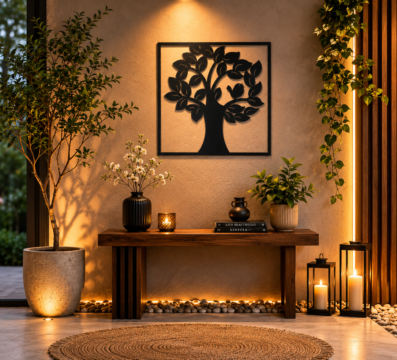 Leafy Tree And Songbird Square Metal Wall Art - view 4