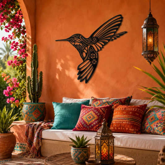 Ornate Floral Hummingbird Framed Metal Wall Art