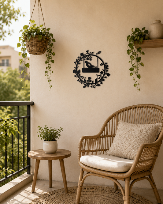 Bird On Floral Swing Wreath Metal Wall Art