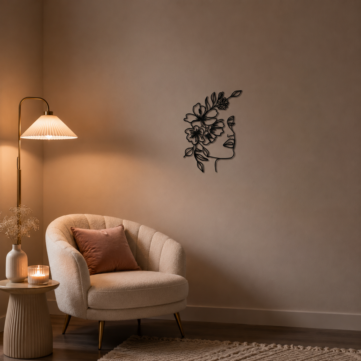 Floral Woman Line Art Portrait Metal Wall Art - view 2