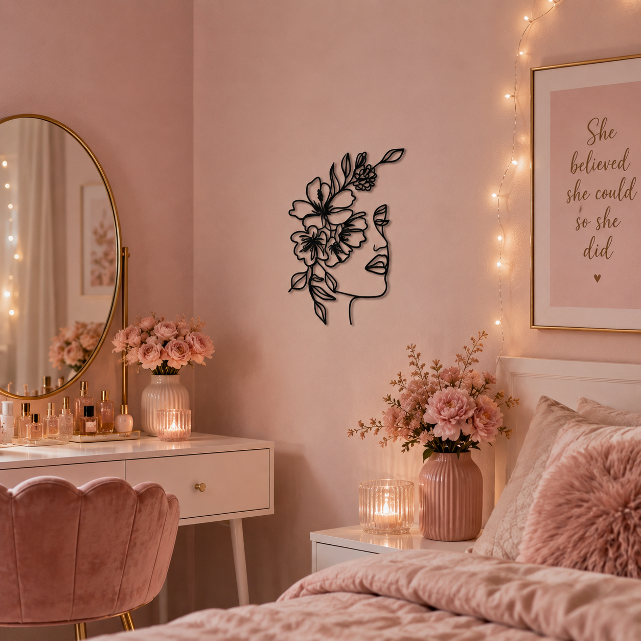 Floral Woman Line Art Portrait Metal Wall Art - view 3