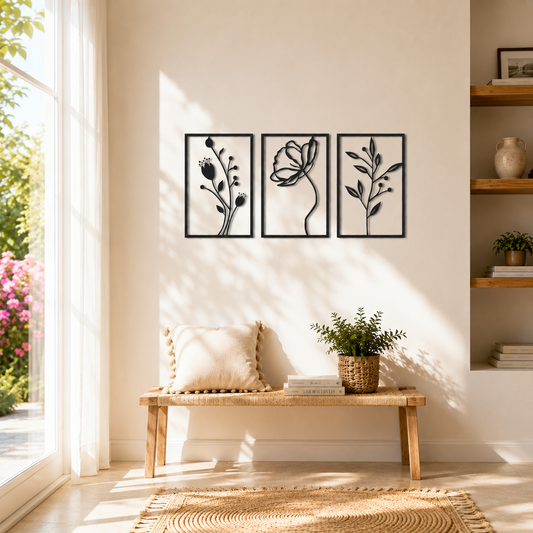 Botanical Wildflower Triptych Metal Wall Art