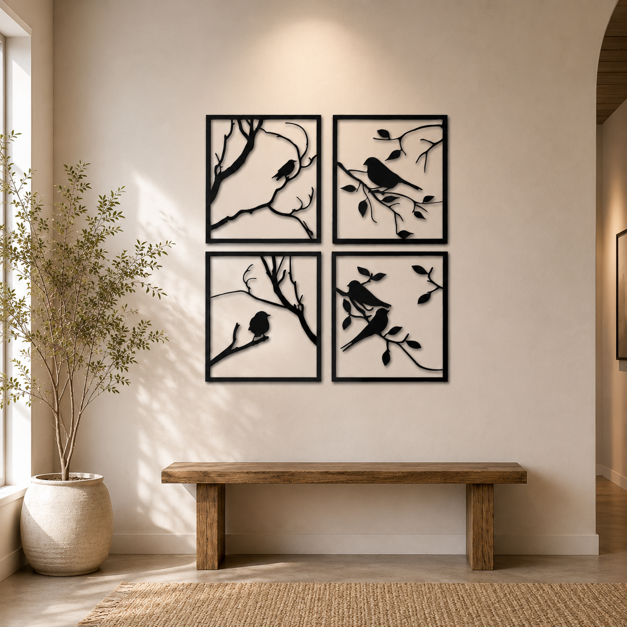 Birds On Branches Four Panel Metal Wall Art