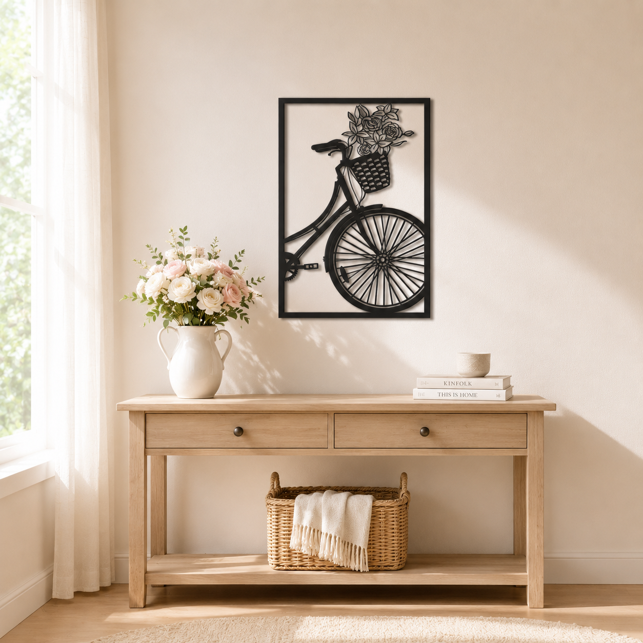 Vintage Bicycle With Flower Basket Metal Wall Art