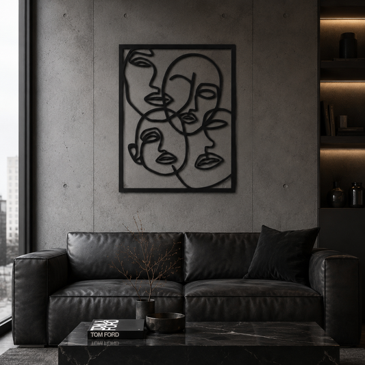 Abstract Line Art Faces Framed Metal Wall Art