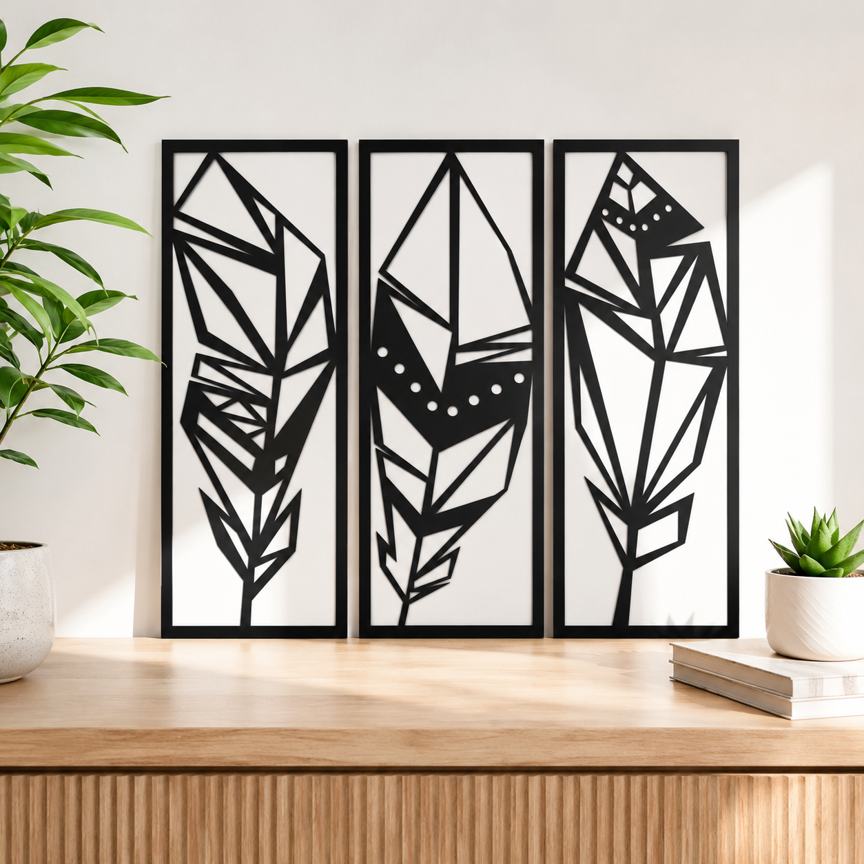 Geometric Feather Trio Panels Metal Wall Art