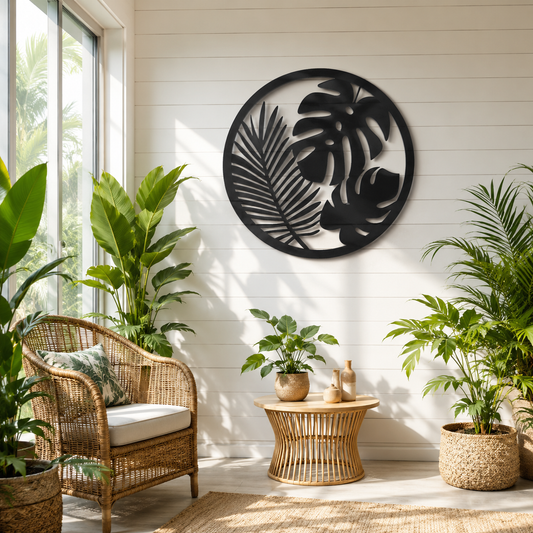 Tropical Palm And Monstera Circle Metal Wall Art
