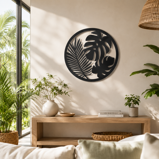 Tropical Palm And Monstera Circle Metal Wall Art - view 2