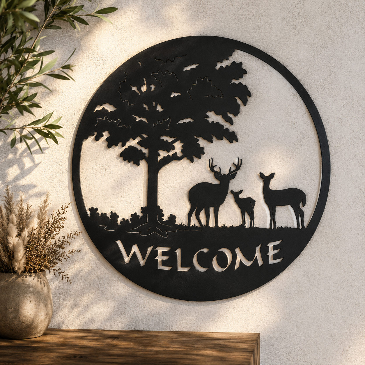 Deer Family Forest Welcome Metal Wall Art