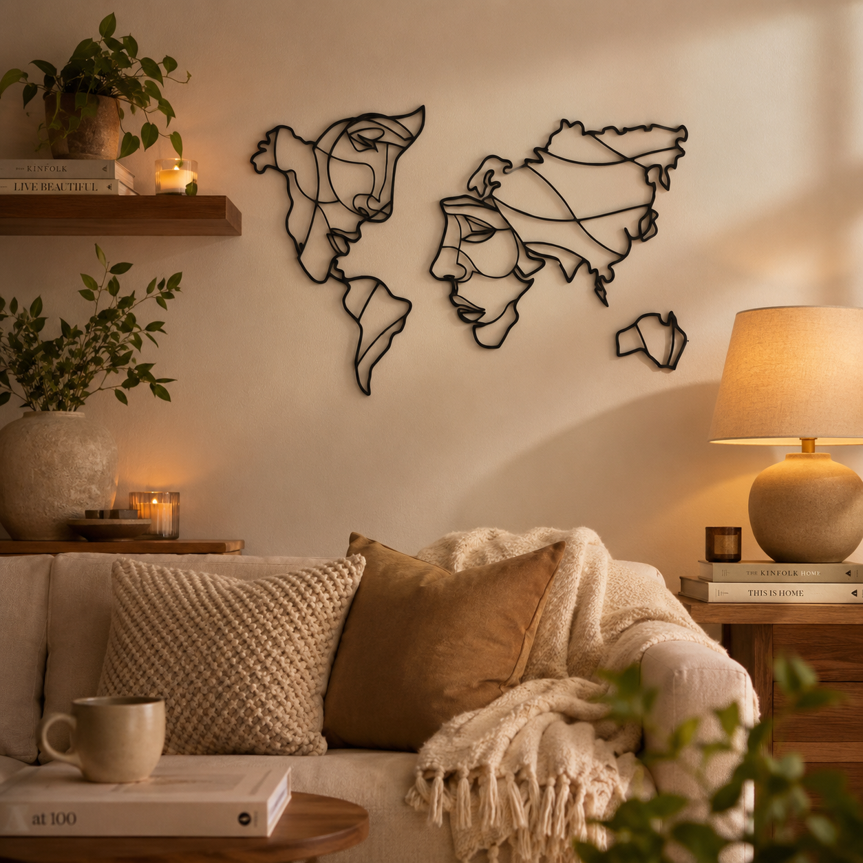 World Map Face Silhouette Line Art Metal Wall Art